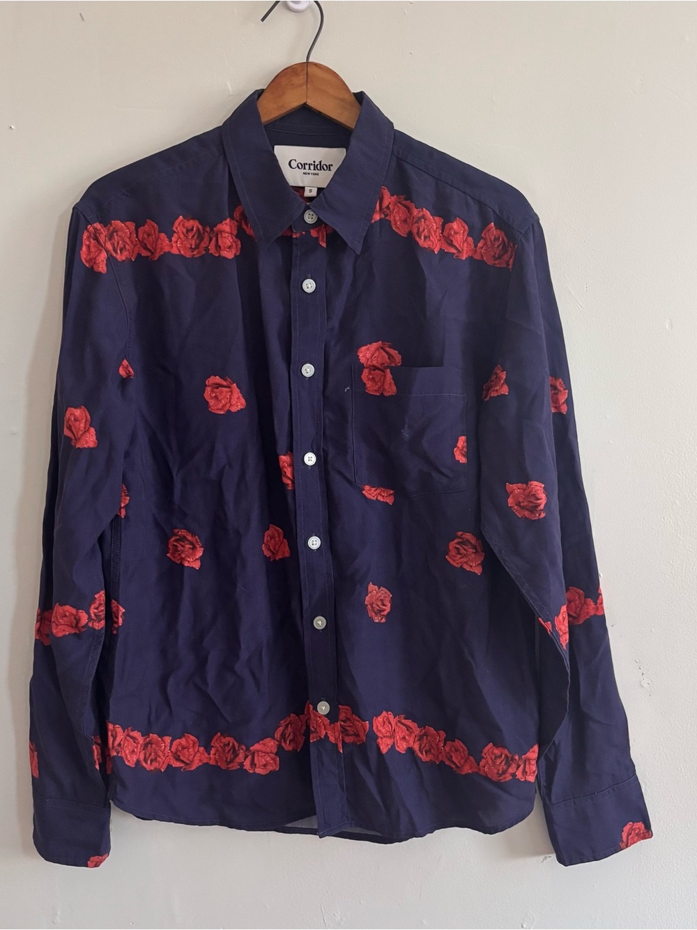 Corridor Navy Shirt with Red Rose Print Small